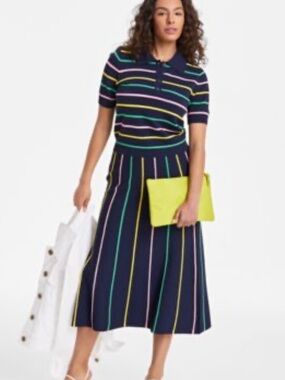 Striped Navy Midi Skirt Set with Multicolor Lines